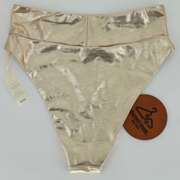 Aerie High Waisted High Cut Cheeky Gold Metallic Bikini Bottom Size Medium - Picture 2 of 6